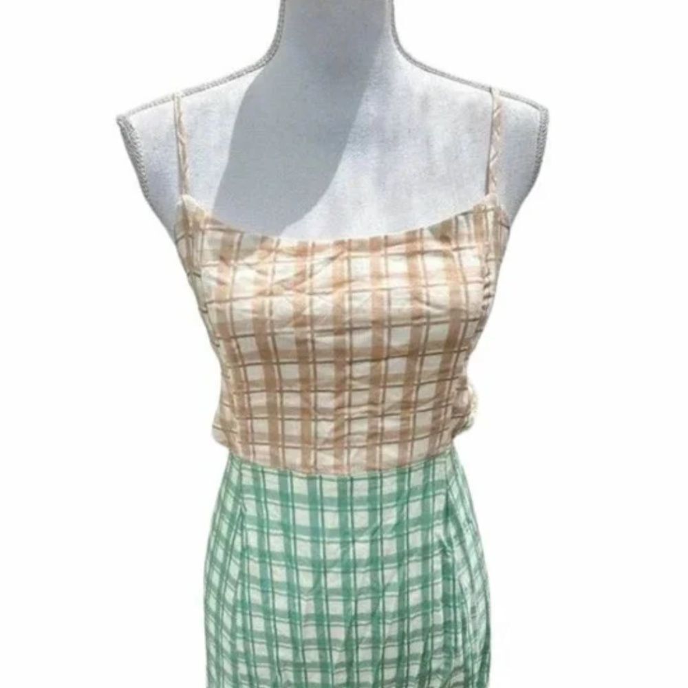 Hurley Colorblock Dress Small NWT Cutout Slit Tan Green Summer Spaghetti Straps - Picture 7 of 9